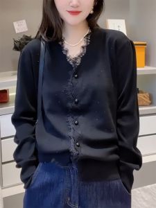 QINGNAER | Elegant Korean Style Spring Large Size Lace V-Neck Button-Up Knitted Cardigan