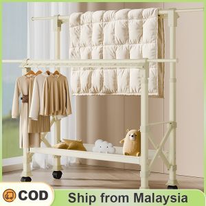 Rak Baju /Double Pole Aluminium Alloy Structure Laundry Cloth Rack Organizer / Ampaian Baju / Penyangkut Baju