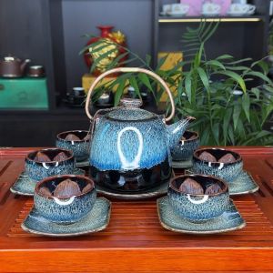 Bộ Ấm Chén Siêu Xanh Thiên Thanh - Bộ Ấm Thiên Thanh Dáng Nơm - Bộ Ấm Trà Men Hoả Biến Bát Tràng Cao Cấp
