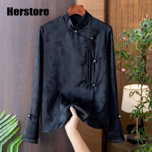 Herstore dài tay áo Cỡ cộng xiên cổ áo nút lên áo sơ mi nữ xuân thu tang triều đại cao cấp in cổ đứng dài tay áo sơ mi