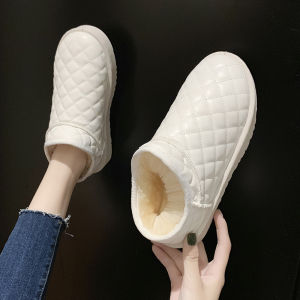 Giày Bốt Đi Tuyết Màu Trắng Cho Nữ Mùa Đông Lót Lông Cừu Ngắn Ấm Áp Giày Cotton 2023 Dễ Thương Giày Lười Một Bước Giày Bánh