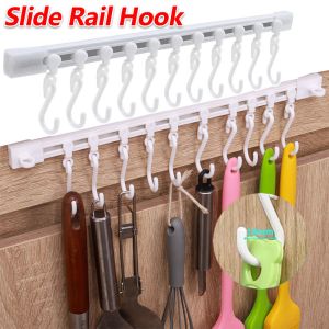 Kitchen Wall Hanging Hook with 10 Hooks Multifunction Sliding Rail Hooks Utensils Hanging Shelf