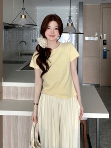 Áo Thun Nữ Tay Ngắn Màu Vàng Mùa Hè Dáng Ôm Cotton Pha Lanh in Họa Tiết Thường Ngày Cổ Tròn Dài Vừa Phải