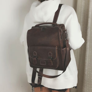 Korean Style Retro Soft Leather Double Shoulder Bag Womens Fashion Versatile Two-Way Ladies Backpack 2024 New Trendy Student Bookbag