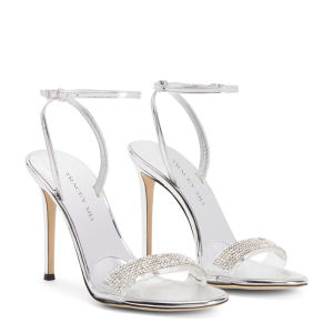 รองเท้าแตะส้นสูงสีเงินสำหรับผู้หญิง สายรัดแบบไขว้ ด้านหน้าเปิด สายรัดแบบไขว้ รองเท้าแตะใส่ไปงานปาร์ตี้ในช่วงฤดูร้อน