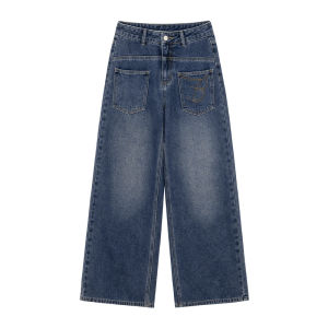 NIHAOKANONG | Quần Jeans Vintage Đa Ngăn Thêu Thiết Kế Rộng Dễ Dàng