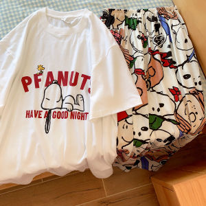Influencer Picks Snoopy Summer Purified Cotton Pajamas Womens round Neck Short Sleeve Trousers Suit Cartoon Can Be Outerwear Homewear