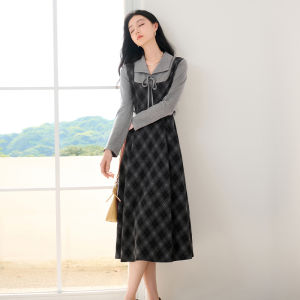 XIANGYING | Vintage Plaid Waist-defining Faux Two-Piece Elegant Dress