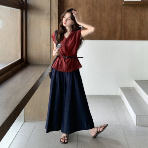 French Elegant Light Maturity High-End Feelings Set Womens Summer Thin Retro Waist-Cinching Top Jeans Two-Piece Set