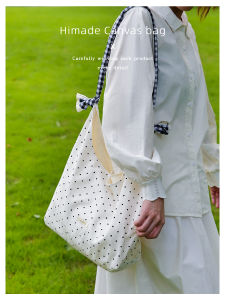 Himade Japanese and Korean Artistic Canvas Bag Girls Polka Dot Crossbody Shoulder Bag Large Capacity Work Clothing Lightweight Tote Bag