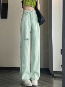 กางเกงยีนส์ทรงตรงเอวสูงทรงหลวมสีเขียวอ่อนสำหรับผู้หญิง กางเกงขายาวทรงหลวมสไตล์ใหม่ปี 2025 กางเกงขายาวทรงเดม่าสำหรับฤดูร้อน