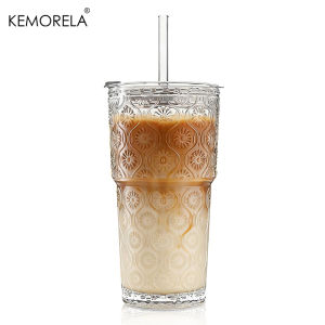 600ML Begonia Flower Glass Tumbler 1/2PCS Thickened Glass Cups with Lids and Glass Straws for Iced Coffee Smoothies Milk Water
