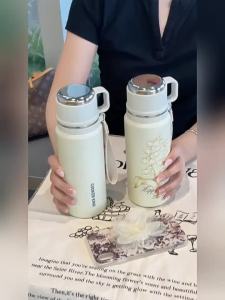 COOKER KING Thermos Water 600ml/800ml Bottle Flower Pattern Tea Cup Stainless Steel Insulated Cup with Tea Strainer Tea Maker
