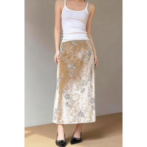 MANMI | Shiny Sequin Embroidered Velvet A-line Skirt