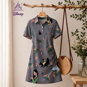 Disney | New Anime Womens Disney Princess Print Polo Collar Mini Dress Summer A-line Dresses for Woman Casual Beach Clothes Streetwear