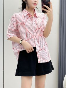 Summer Womens Cotton Short Sleeve Shirt Casual Striped Batwing Sleeve Loose Fit Commute Style Single Button Closure Regular Length