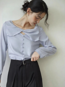 POPCHRIO | Áo Sơ Mi Dài Tay Elegent Trắng Thiết Kế French Twist V-Neck