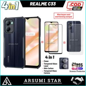 PROMO PAKET MURAH 4 IN 1 CASE REALME C33 CASING TRANSPARANST + ANTI GORES LAYAR + SKIN CARBON + SKIN CAMERA LENS