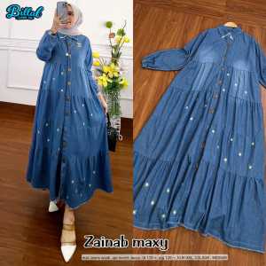 Gamis Maxy Jeans Zainab - Jeans wash Aplikasi Bordir busui Ld 110 Pj 120 fit M - XXL