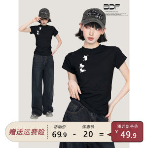 Black Cat Short Sleeve T-Shirt Womens Summer Slim Fit Miniature Spicy Girl Half Sleeve Top Commute Simple Style Online Sales