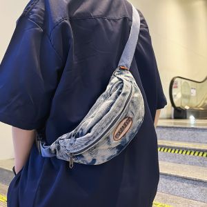 Retro Denim กระเป๋าสะพายข้างอเนกประสงค์ Casual Chest Pack สําหรับผู้ชายและผู้หญิงอินเทรนด์สไตล์ฮ่องกงกีฬาเอวกระเป๋า