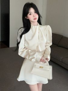 GUZILIAN | Elegant Dandy Style Satin Long Sleeve Shirt and Fitted Skirt Set
