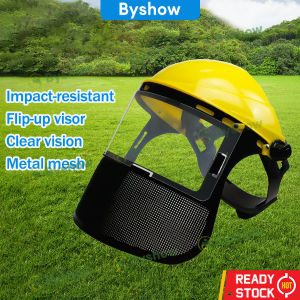Byshow Full Face Mesh Safety Helmet Lawn Mower Protective Mask with Adjustable Visor HD PC Screen Brush Cutter Forestry Helmet for Grass Trimmer Chainsaw PP PVC Metal Mesh Construction