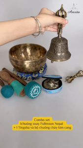 [Amrita] Combo set 1chuông xoay Fullmoon Nepal 18cm + 1 Tingsha và bộ chuông chày kim cang - CXNP61