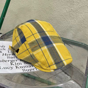 Yellow Plaid Dopamine Beret Hat Women Summer 2024 New Retro Hats Thin Duckbill Forward Trendy Cotton Casual Cap for Youth