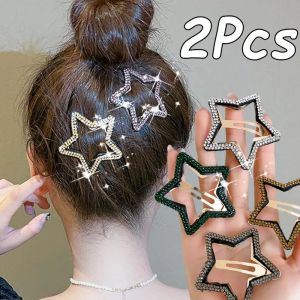 2Pcs Rhinestone Star Hair Clip Korean Simple Colorful Wave Side Bangs Clip Women Snap Hairpin Fashion Headwear Accessories