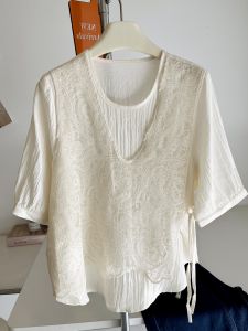 เสื้อเชิ้ตคอโปโลผ้าลูกไม้ทรงหลวมสำหรับผู้หญิง สไตล์ลำลอง แขนยาว 5 นิ้ว ปกกลม สีพื้น แบรนด์เนม ลดราคา