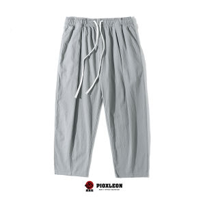 กางเกงลำลองสีล้วนแฟชั่นสไตล์ญี่ปุ่นแบบใหม่ฤดูร้อนลายกระต่ายกางเกงฮาเร็มทรงหลวมแมทช์ลุคง่ายสำหรับผู้ชายกางเกงขาเก้าส่วนทรงสอบแบบบาง