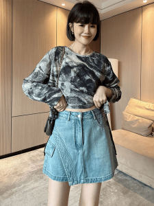 กางเกงขาสั้นทรงเอเอวสูง สไตล์อเมริกัน สีน้ำเงิน กางเกงยีนส์ แฟชั่นฤดูร้อน กางเกงขาสั้นสำหรับสาวๆ ที่มีหุ่นกระบอกเล็ก