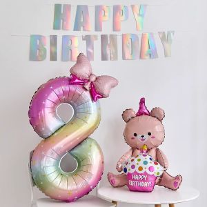 Birthday Number Balloons Bear Holding Cake Starry Sky Childrens Party Decoration One Year Old Scene Atmosphere Arrangement