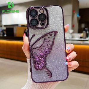 FLOVEME Luxury Butterfly Painted Gradient Glitter Colorful Phone Case For iPhone 15 14 13 12 11 Pro Max With Camera Protection All-inclusive Plating Frame Transparent TPU Shockproof Back Cover For iphone 15 14 13 12 11