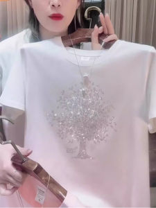 White Pure Cotton Short Sleeve T-Shirt Womens Summer New Style European Heavy Duty Rhinestone Loose plus Size Slimming Body Shirt