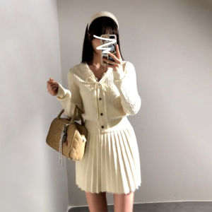 Homecore | Casual Fashion Set Long Sleeve Irregular Knit Cardigan High Waist Pleated Skirt Two Pieces