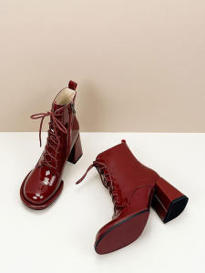 รองเท้าบูทสั้นหัวมนปรับแต่งได้ ผู้หญิง ฤดูใบไม้ร่วง ฤดูหนาว รองเท้าส้นสูง หนัง Martin Boots Cross Buckle ซิป ปิด