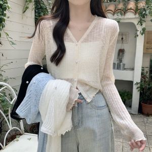 Slim Fit Long Sleeve V-Neck Knitted Top Summer Womens Fashionable Sunscreen Cardigan Thin Material Printed Design