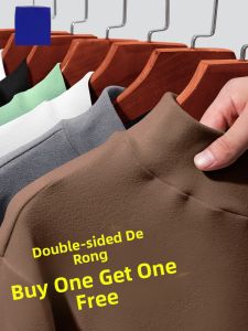 ROMON | Romon Mens Long Sleeve T-Shirt Slim Fit Double-sided Velvet Loose Mid-neck Sweatshirt Spring Autumn Style High Neck Base Shirt