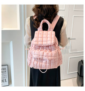 Casual Bubble Large Capacity Diamond Folded Leisure Backpack Commuter Travel Bag Soft Shoulder Strap Bucket Shape Polyester Lining