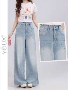 YOUXIANG | Quần Jeans Xòe Phồng Cao Cổ Thêu Hạt Ngọc Trai