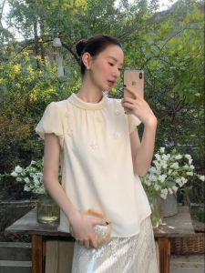 XXNING | French Style Flower Decorated Flared Sleeve Blouse Short Sleeve