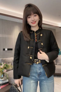 New Chinese Style Black Short Cotton Jacket Womens Song Silk Button Coat Autumn Winter Fashion Ladies Coat Pear Body Type