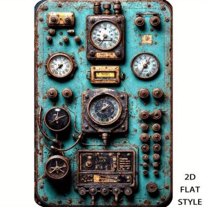 Vintage Industrial Metal Wall Art 2D Flat Retro Dashboard Panel with Gears Teal Blue White Wall Decor for Bedroom Kitchen 8x1