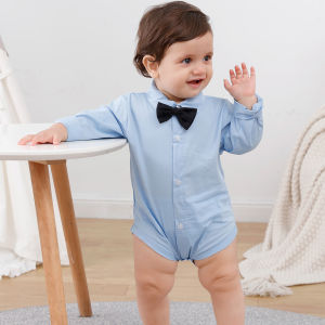 Shirt for Baby Boy Baptism Dress Top Newborn Birthday Party Bodysuit Infant Wedding Formal Long Sleeve One Piece  Cotton Gentlemen Rompers With Bowtie