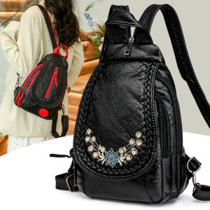 กระเป๋าเป้สะพายหลังผู้หญิงแบบลำลอง Mini Soft Leather Washed Multi-Functional Dual-use Chest Bag Fashion Casual All-match Small Backpack