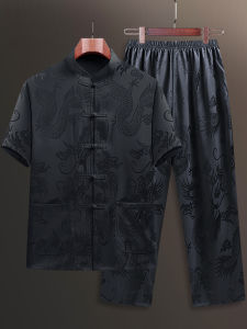 Large Size Mens Short Sleeve Silk Tang Suit Summer Casual Wear for Elderly Comfortable Non-Iron Treatment Animal Pattern