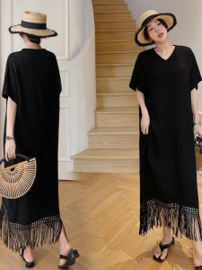 Summer Womens Clothing 150.00kg Plus Size K-style V Neck Texture Short Sleeve and Long Pattern Chubby Girl Fashion Tassel over the Knee Dress