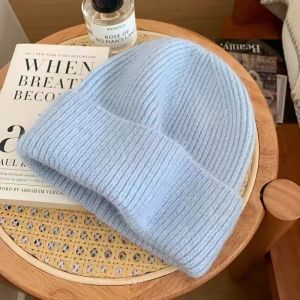 2025 Angora Knit Winter Hat For Womens Rabbit Fur Fluffy Knitted Beanies Korea Luxury Bonnet Female Soft Warm Skullies Beanies
